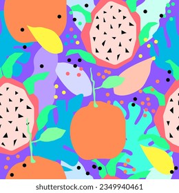 Tropical colorful party them fruits and leaves seamless pattern. Tropical surface pattern design. Tropical repeat pattern including pitaya, oranges, monstera leaves and multicolor polka dots.