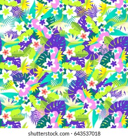 Tropical colorful pattern with bright leaves and flowers. Jungle seamless background. Vector illustration.