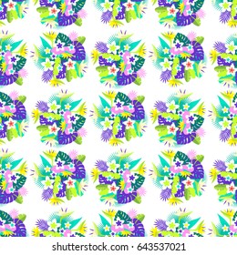 Tropical colorful pattern with bright leaves and flowers. Jungle seamless background. Vector illustration.