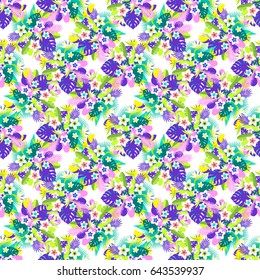 Tropical colorful pattern with bright leaves and flowers. Jungle seamless background, rapport summer motif. Vector illustration.