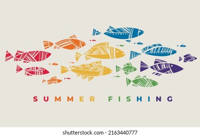 Tropical colorful school of fish. Rainbow colors diversity. Summer pride colors print for card, t-shirt, tote bags, any surface.