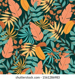 Tropical colorful seamless pattern with exotic leaves and plants. Vector background for various surface. Summer background with exotic leaves. Printing with in hand drawn style.