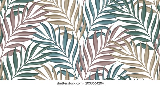 Tropical colorful seamless pattern with exotic textured pastel palm leaves on white background. Hand-drawn premium vintage 3d vector illustration. Good for luxury wallpapers, fabric printing, mural