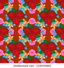 Tropical colorful seamless pattern. Seamless floral background. Isolated beautiful flowers drawn watercolor in red, orange and blue colors. Vector illustration.