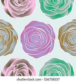 Tropical colorful seamless pattern. Seamless floral background. Vector illustration. Isolated beautiful flowers drawn watercolor in neutral, violet and green colors.