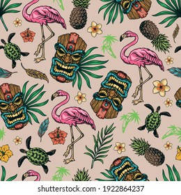 Tropical colorful seamless pattern with pink flamingo turtle pineapple tiki mask exotic flowers leaves and feathers vector illustration