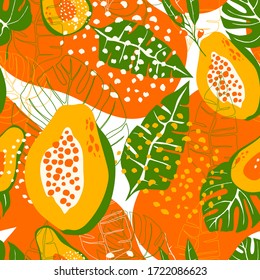 Patrón vectorial tropical colorido y sin mangas con hojas de papaya. Flora verde y naranja como papel de escritorio y diseño textil