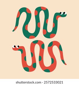 Tropical colorful snakes hand drawn vector illustration. Isolated mangrove serpents in flat style for logo, icon or poster.