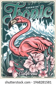 Tropical colorful vintage poster with pink flamingo exotic flowers and leaves ocean wave vector illustration