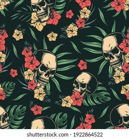 Tropical colorful vintage seamless pattern with skulls hibiscus flowers palm and monstera leaves vector illustration