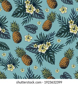 Tropical colorful vintage seamless pattern with pineapples frangipani and hibiscus flowers and exotic leaves vector illustration