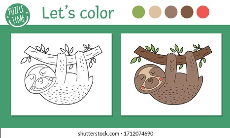 Tropical coloring page for children. Vector sloth illustration. Cute funny animal character outline. Jungle summer color book for kids with colored version and example