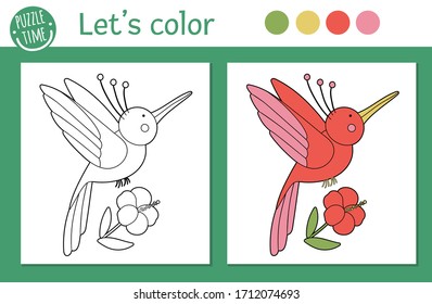 Tropical coloring page for children. Vector humming bird with flower illustration. Cute funny animal character outline. Jungle summer color book for kids with colored version and example