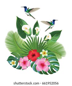 Tropical composition with colibri. Vector illustration.