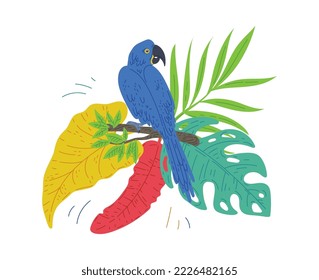 Tropical composition with colorful leaves and blue parrot, flat vector illustration isolated on white background. Beautiful tropical nature design for prints.