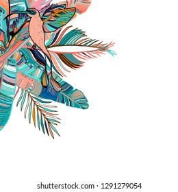 Tropical composition in coral palm leaves, exotic flowers, humming birds and monstera. Tropical background for textile, wallpaper, banners, covers, cards, print, wrap, scrapbooking.