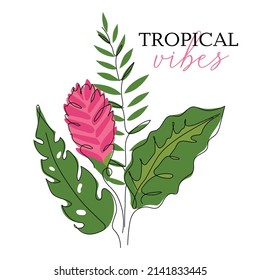 Tropical composition of exotic big monstera leaves, split leaf, bamboo, hawaii flower, ginger flower. Outline vector illustration Biophilia can be use to wedding invitation in hand drawn one line art 