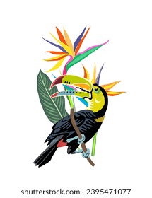 Tropical composition with exotic leaves and toucan