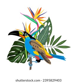 Tropical composition with exotic leaves and toucan