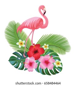 Tropical composition and flamingo. Vector illustration.