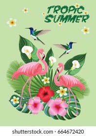 Tropical composition with flamingos and hummingbirds. Vector Postcard.
