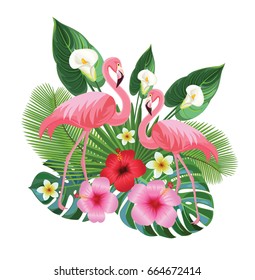  Tropical composition with flamingos. Vector illustration.