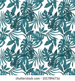 Tropical composition floral pattern monstera leaves abstract blue color seamless beach vector white background