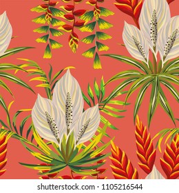 Flores de composición tropical dejan en el fondo rojo exclusivo. Vector de patrones sin problemas