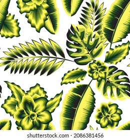 Tropical composition with green jasmine flowers branch and monstera fern leaves seamless pattern on white background. Floral background. Exotic tropics. Summer design. jungle print. nature wallpaper