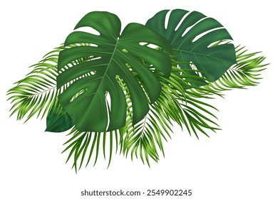 Tropical composition with green palm leaves. Summer botanical design with jungle lush foliage plants for invitation, banner, poster. Vector illustration