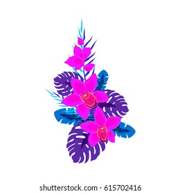 Tropical composition with orchid and leaves.vector illustration
