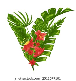 Tropical composition with palm leaves and exotic red flowers. Vector illustration for invitations, sale posters, beauty products, party banners. Graphic print isolated on white background.