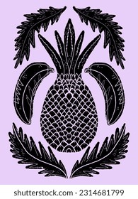 Tropical composition. Pineapple, banana, molding. Grunge texture black element. Illustration in linocut style, folk art, Scandinavian style. Element for design.