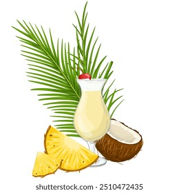 Composición tropical con refrescante cóctel de piña colada, piña, hojas de palma, coco. Ilustración vectorial de menú de chiringuito. Vacaciones de crucero, vacaciones de verano, fiesta, cafetería, diseño de impresión de vacaciones