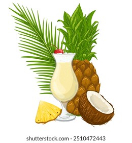 Tropical composition with refreshing pina colada cocktail, pineapple, palm leaves, coconut. Vector illustration for beach bar menu. Cruise vacation, summer holidays, party, cafe, vacation print design