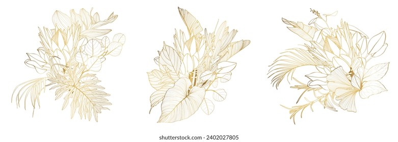 Tropical composition set with golden line flowers branch and leaves. Card element. Bouquet of flowers with exotic Leaf isolated on white background. Composition for invitation to party or holiday.