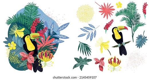 Tropical composition with toucan and tropical leaves and flowers, hand drawn vector art