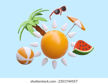 Tropical concept. 3D sun, ball, watermelon, palm tree, beach umbrella, sunglasses. Poster in cartoon style on blue background. Summer fun. Rest on coast