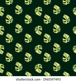 Tropical contrast seamless pattern in hand drawn style with green monstera leaf print. Black background. Designed for fabric design, textile print, wrapping, cover. Vector illustration.