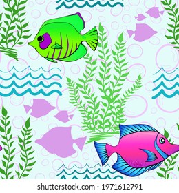 Tropical coral fishes and seaweed seamless pattern. Exotic ocean creatures surface pattern design. Marine animals endless texture. Underwater fauna boundless background. Sea life editable tile.