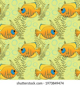 Tropical coral fishes and seaweed seamless pattern. Exotic ocean creatures surface pattern design. Marine animals endless texture. Underwater fauna boundless background. Sea life editable tile