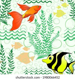 Tropical coral fishes and seaweed seamless pattern. Exotic ocean creatures surface pattern design. Marine animals endless texture. Underwater fauna boundless background. Sea life editable tile.