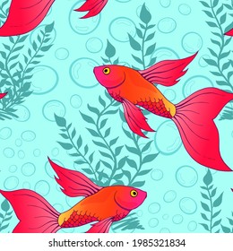 Tropical coral fishes and seaweed seamless pattern. Exotic ocean creatures surface pattern design. Marine animals endless texture. Underwater fauna boundless background. Sea life editable tile.