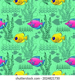 Tropical coral fishes and seaweed seamless pattern. Exotic ocean creatures surface pattern design. Marine animals endless texture. Underwater fauna boundless background. Sea life editable tile.