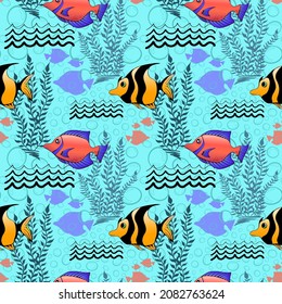 Tropical coral fishes and seaweed seamless pattern. Exotic ocean creatures surface pattern design. Marine animals endless texture. Underwater fauna boundless background. Sea life editable tile.