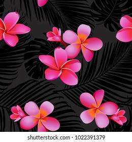 Tropical coral flowers and leaves on black background. Seamless. Vector.