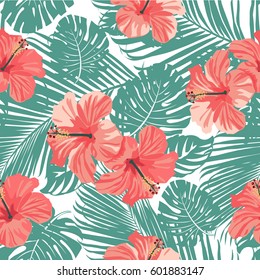 Tropical coral flowers and leaves on black and white background. Seamless. Vector. 