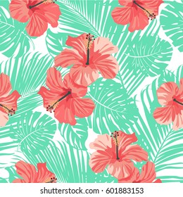 Tropical coral flowers and leaves on black and white background. Seamless. Vector. 