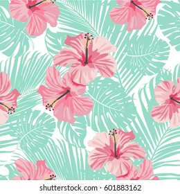 Tropical coral flowers and leaves on vintage background. Seamless. Vector. 