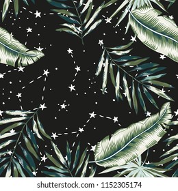 Tropical cosmic background. Dark night sky with white stars and constellation and palm leaves. Space illustration. Vector seamless pattern. Exotic plants nature